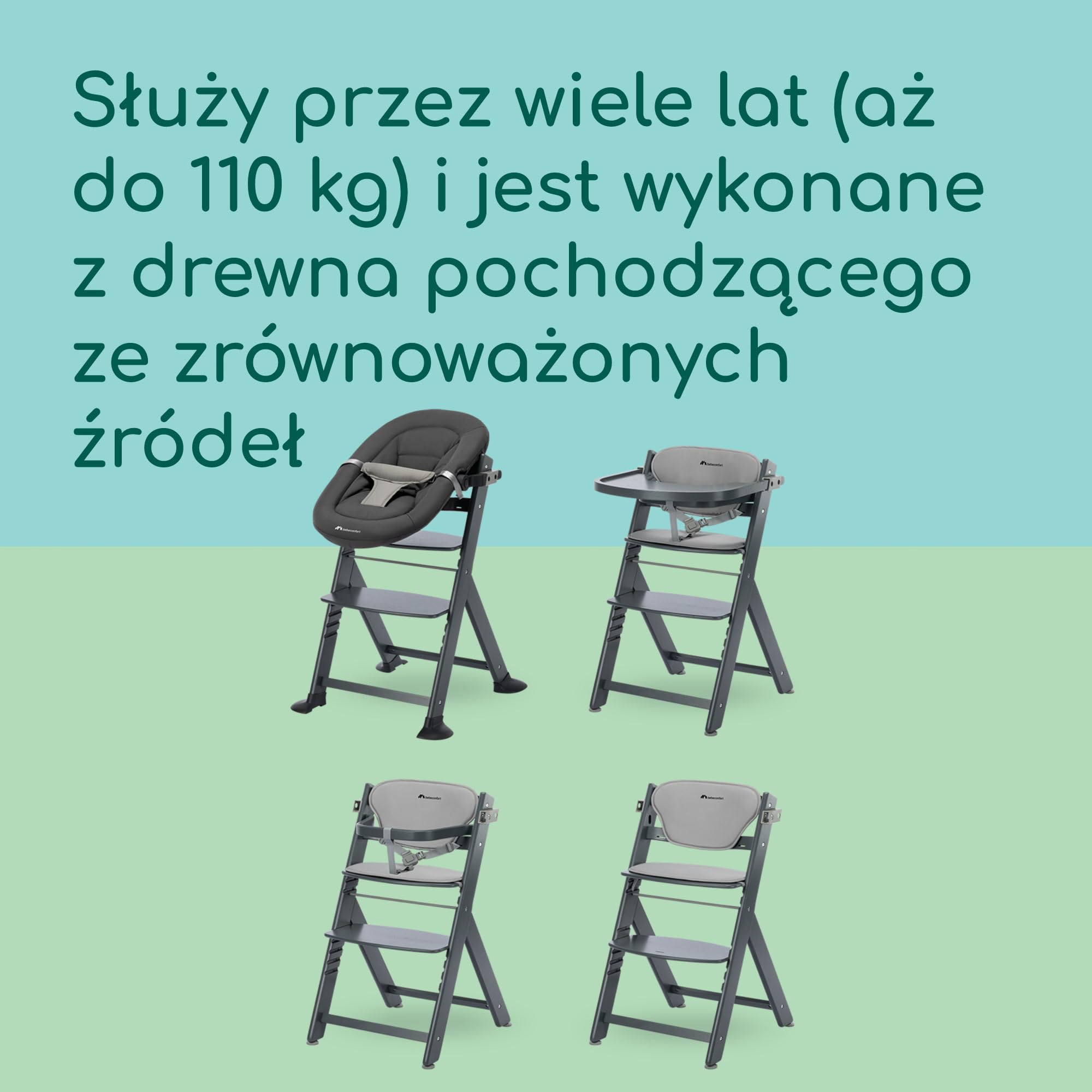 Bebeconfort Timba 2 z Poduszką, Krzesełko Dziecięce Drewniane, 6+ Miesięcy, Do 110 kg, Ergonomiczne Krzesełko do Karmienia, Pasuje do Wielu Stołów, Wyjmowana Taca, Grey Mist