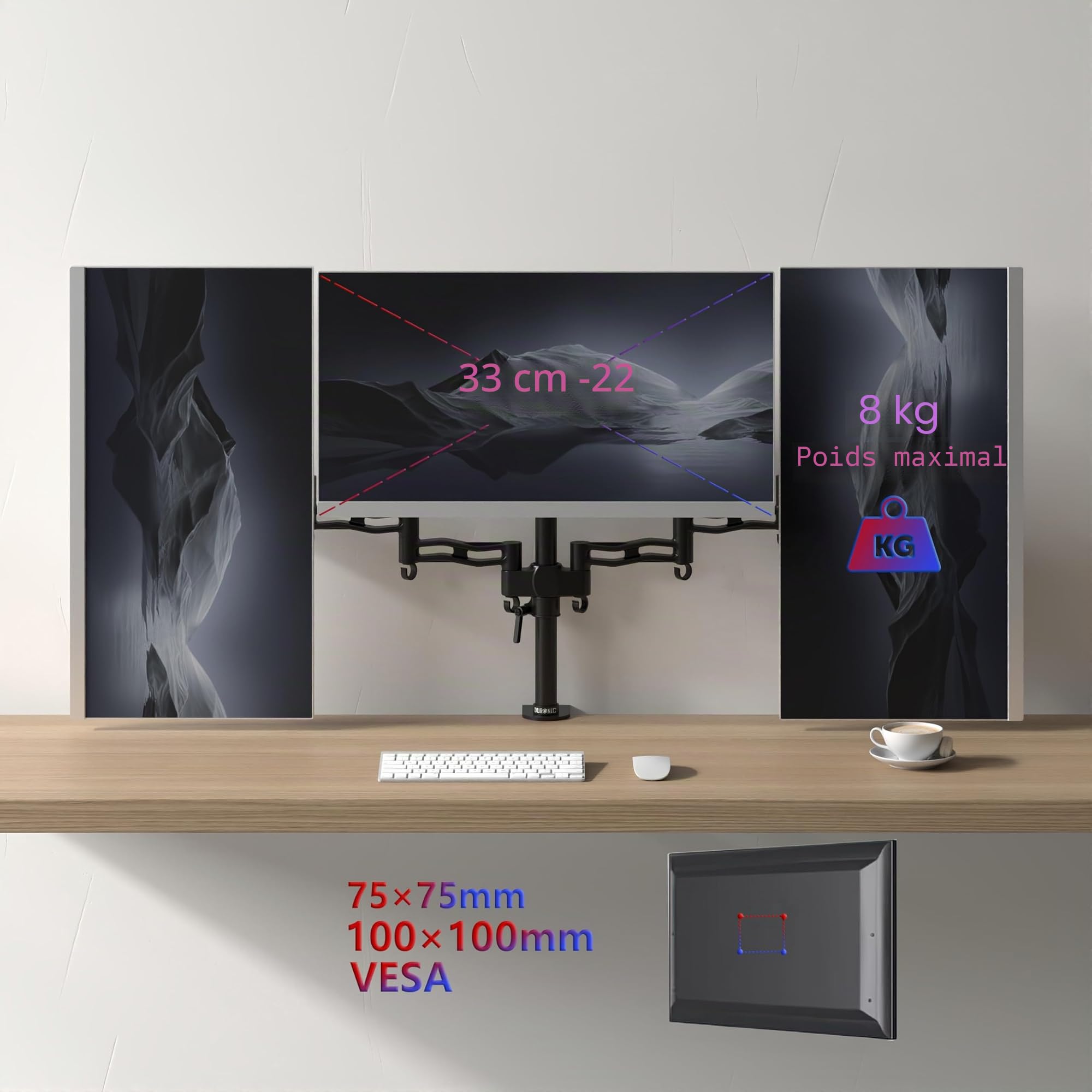 Duronic DM353 Bras pour 3 moniteurs d’Ordinateur | Support Triple d’écran PC articulé pour Bureau | VESA 75 100 | Hauteur Ajustable | Rotatif Inclinable Pivotant | Compatibilité Universelle