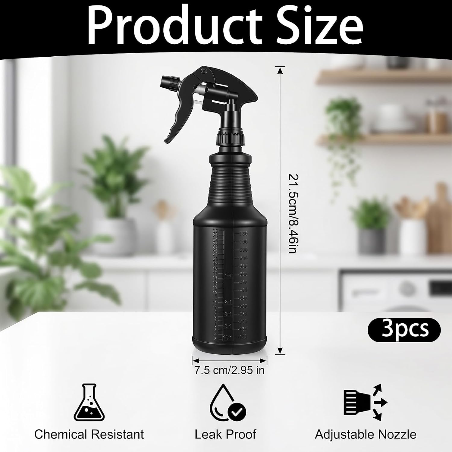 3PCS Plastic Spray Bottles 32 Oz, Spray Bottles Heavy Duty Opaque Black Refillable Trigger Sprayer for Cleaning, Garden, Hair, and Household Use