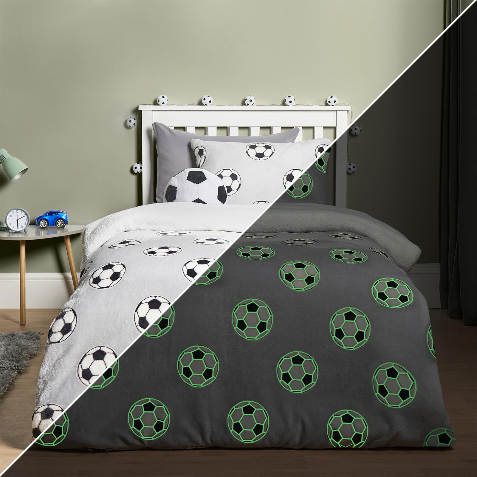 OHS Kids Double Duvet Set, Ultra Soft Warm Football Glow In The Dark Girls Boys Double Duvet Cover Set Luxurious Comfy Quilt Kids Bedding with Pillowcases, Grey