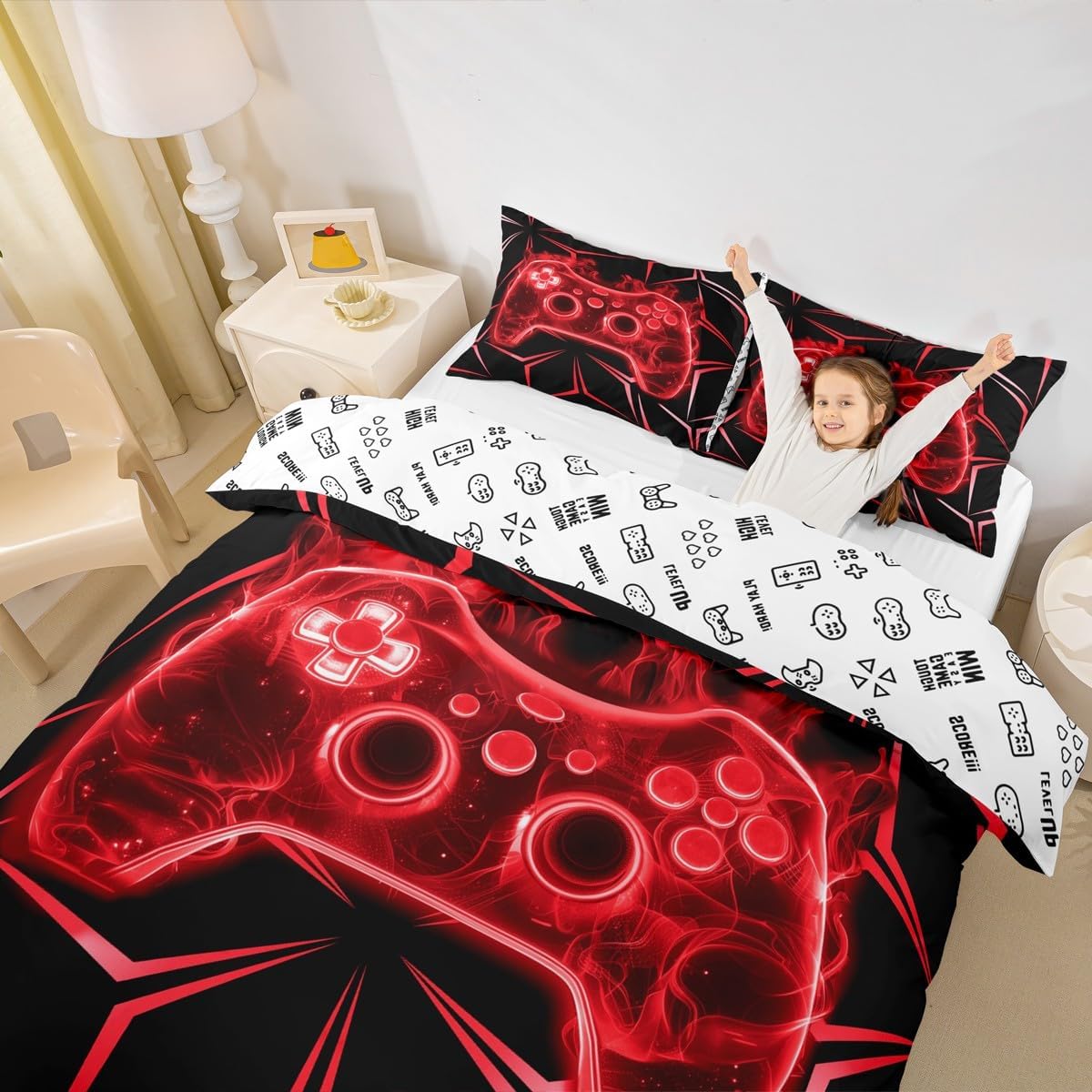 Red Gaming Duvet Covers,Kids Modern Neon Controller Game Bedding Set,Flame Comforter Cover for Boys Girls Room Decor,Player Gaming Bedspread Cover Twin Size with 1 Pillow Case image 3