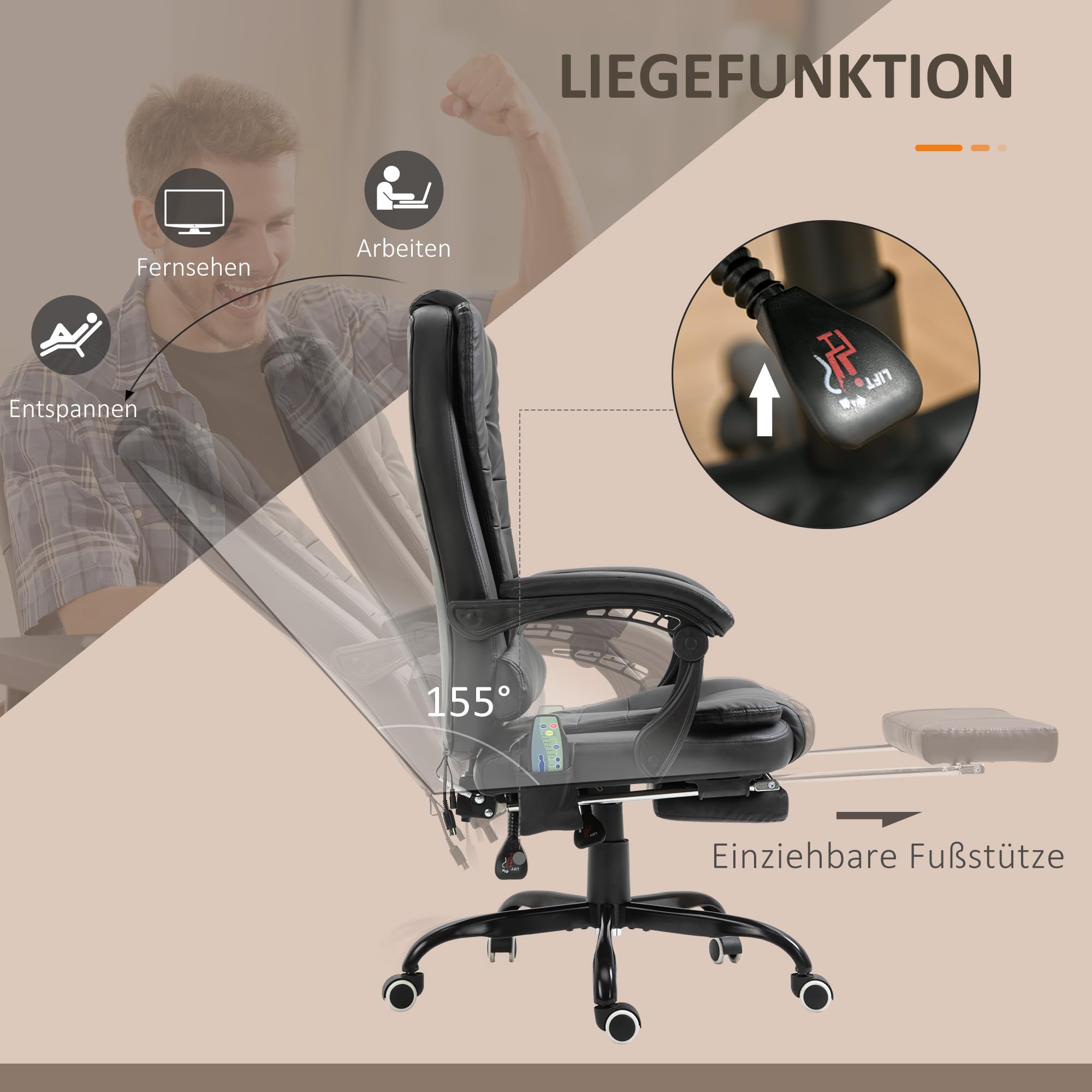 Vinsetto Massagesessel Chefsessel mit Integrierter Fußstütze höhenverstellbarer Drehstuhl mit 7 Massagepunkte Unterem Rückenpolster PVC Metall 67 x 79 x 111-121 cm Schwarz