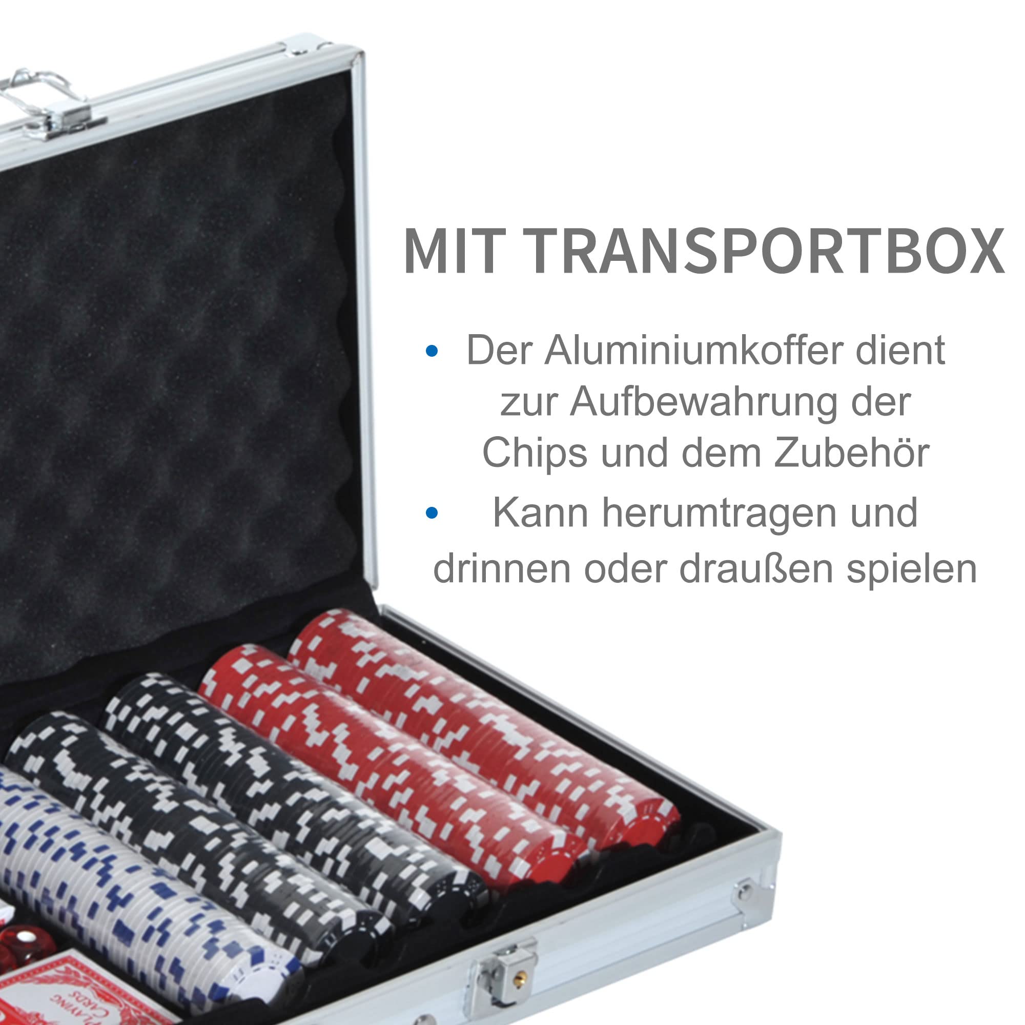 HOMCOM Pokerkoffer Pokerset 500 Pokerchips 2xKartenspiel 5xWürfel 1xAlukoffer Poker Set Jetons Koffer Alu+ Polystyrol 55,5x22x6,5 cm