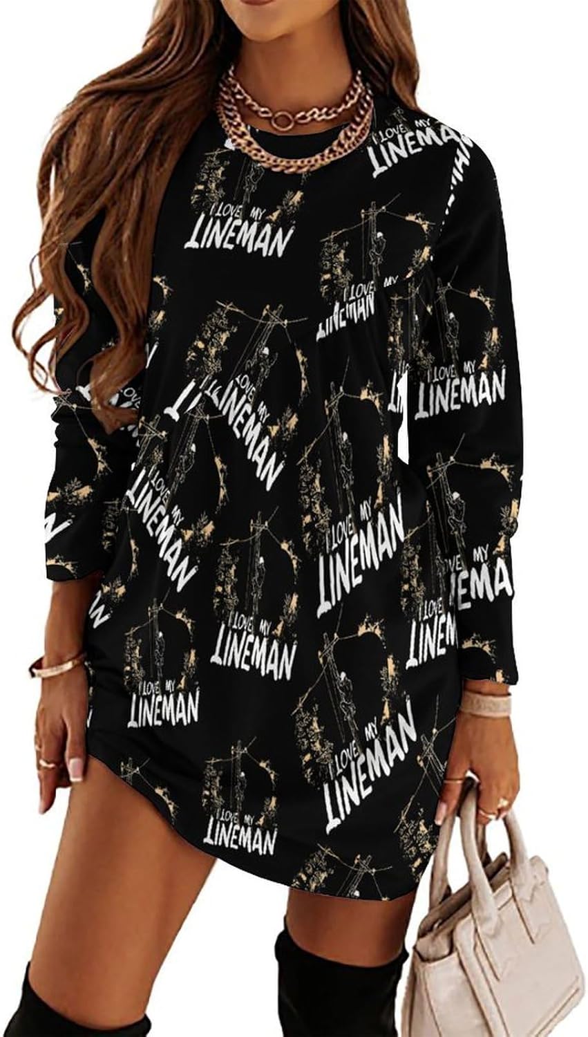 I Love My Lineman Women's Fleece Sleeve Sweatshirt Dress Long Pullover Casual Dresses