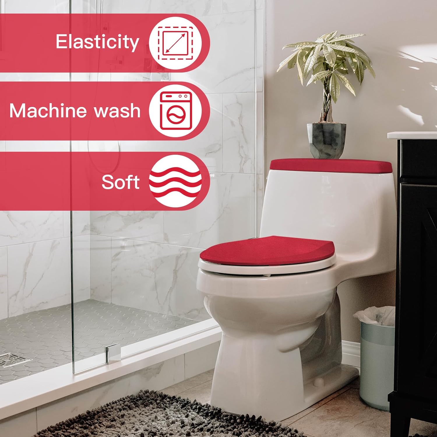 Red Polyester Elastic Bathroom Toilet Lid and Tank Cover Set