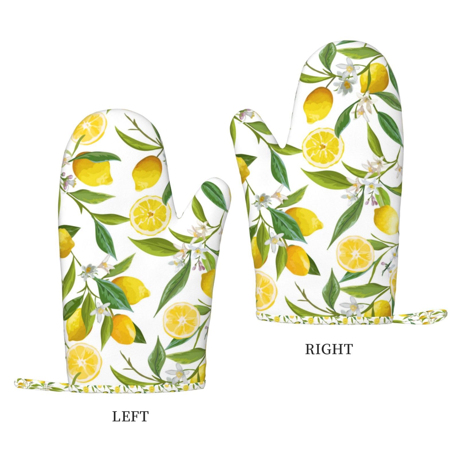Juego de Cuatro Guantes y Manoplas Resistentes al Calor para Hornear, Guantes de Cocina Antideslizantes, Manoplas para Horno, Estampado Floral de limón.