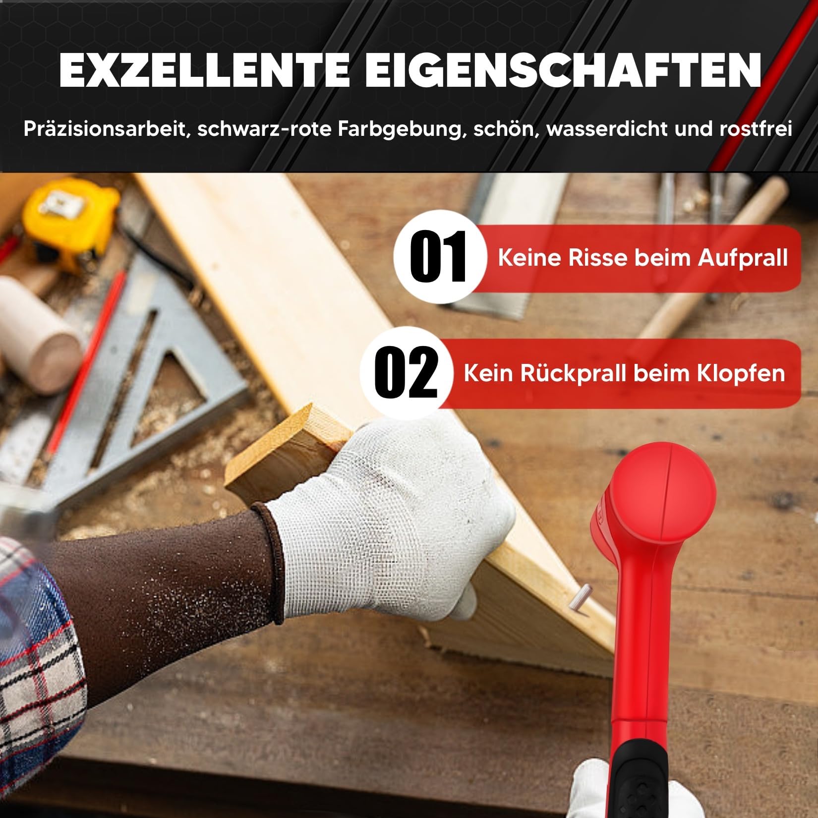 C&T Dead Blow - Set di 3, Martello antirimbalzo, colore: rosso e nero, design resistente agli urti, nessun martello rimbalzo Unibody Molded Checkered Grip Spark and Rebound Resistant