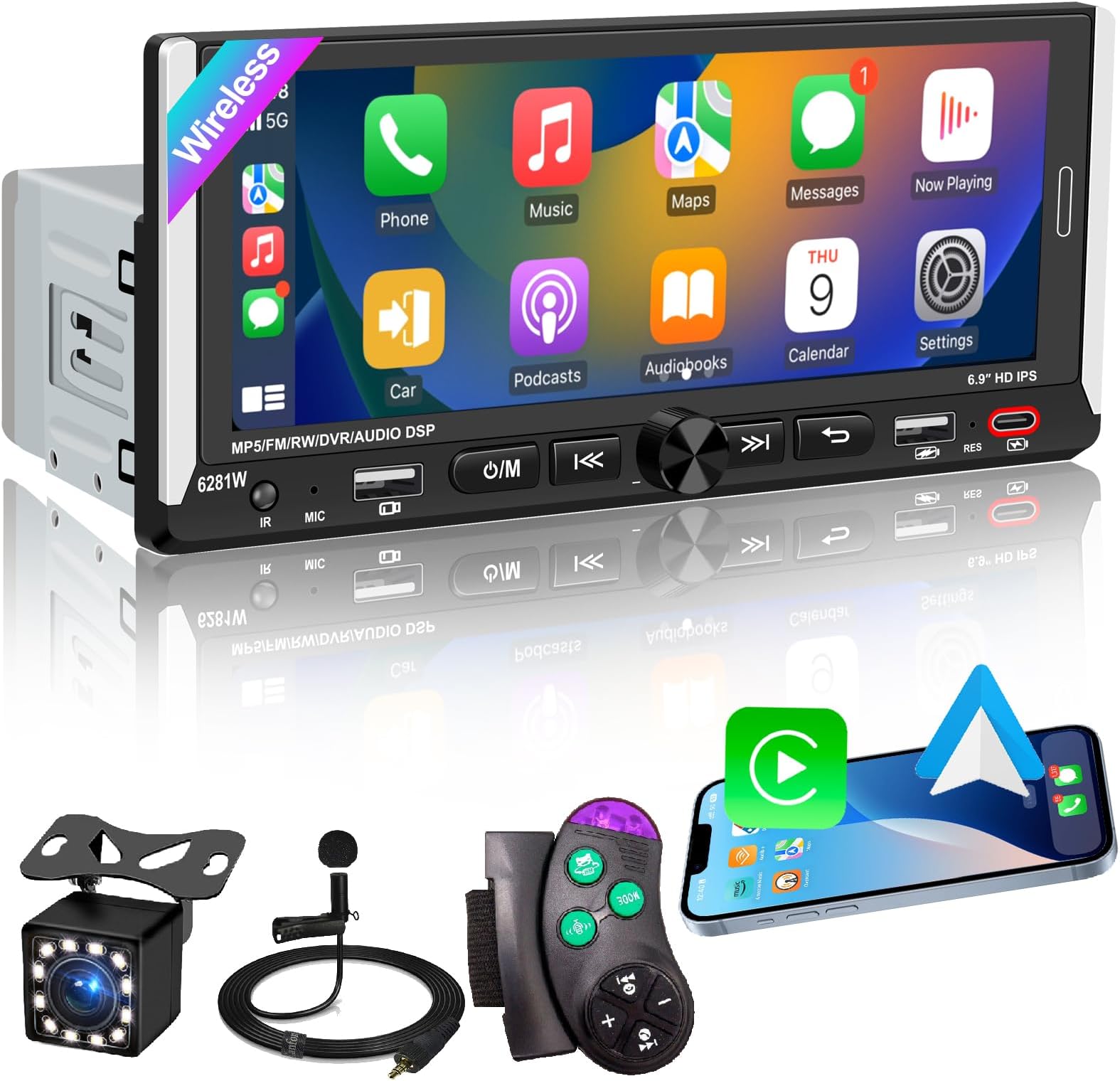 Wireless Apple CarPlay, Single DIN Car Radio, Car Stereo with 6.86" HD IPS Touchscreen, Bluetooth 5.2, Android Auto, Dual USB & Fast Charging, Backup Camera, FM Radio, DSP EQ Audio Subwoofer