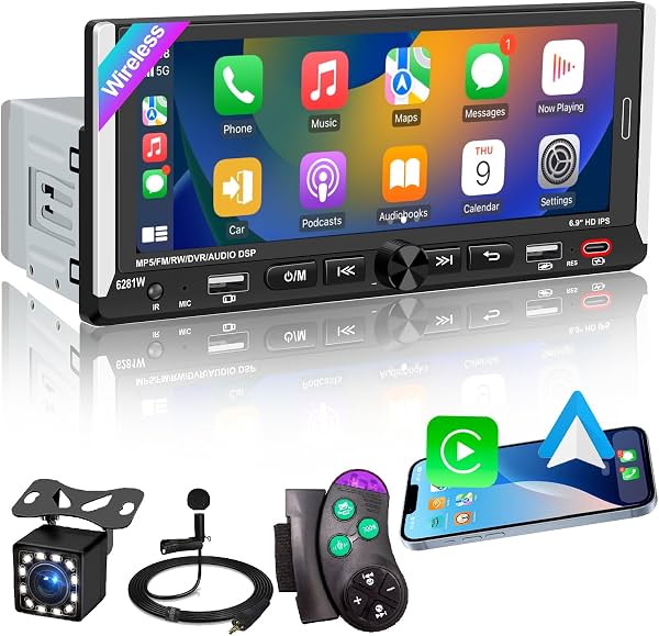 Estéreo de Auto Radio DIN Simple Inalámbrico Apple CarPlay 6.86" Android Auto | Pantalla Táctil IPS HD, Bluetooth 5.2, Doble USB y Carga Rápida, Cámara de Reversa con 12 Luces, Radio FM, Audio DSP EQ Subwoofer