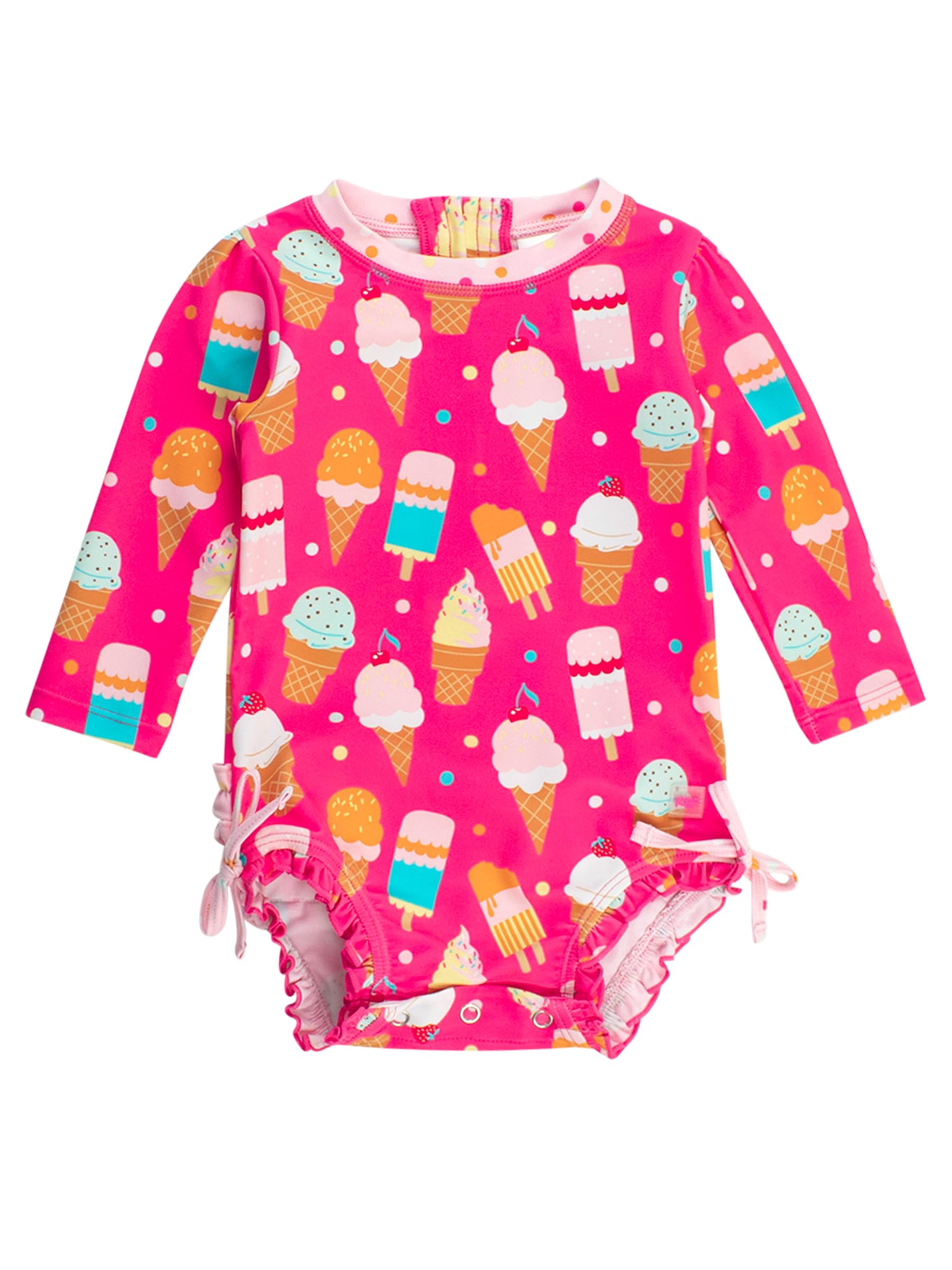 RuffleButts Baby Girls UPF 50+ Sun Protection Novelty Print Long Sleeve One Piece Rash Guard Swimsuit with Zipper