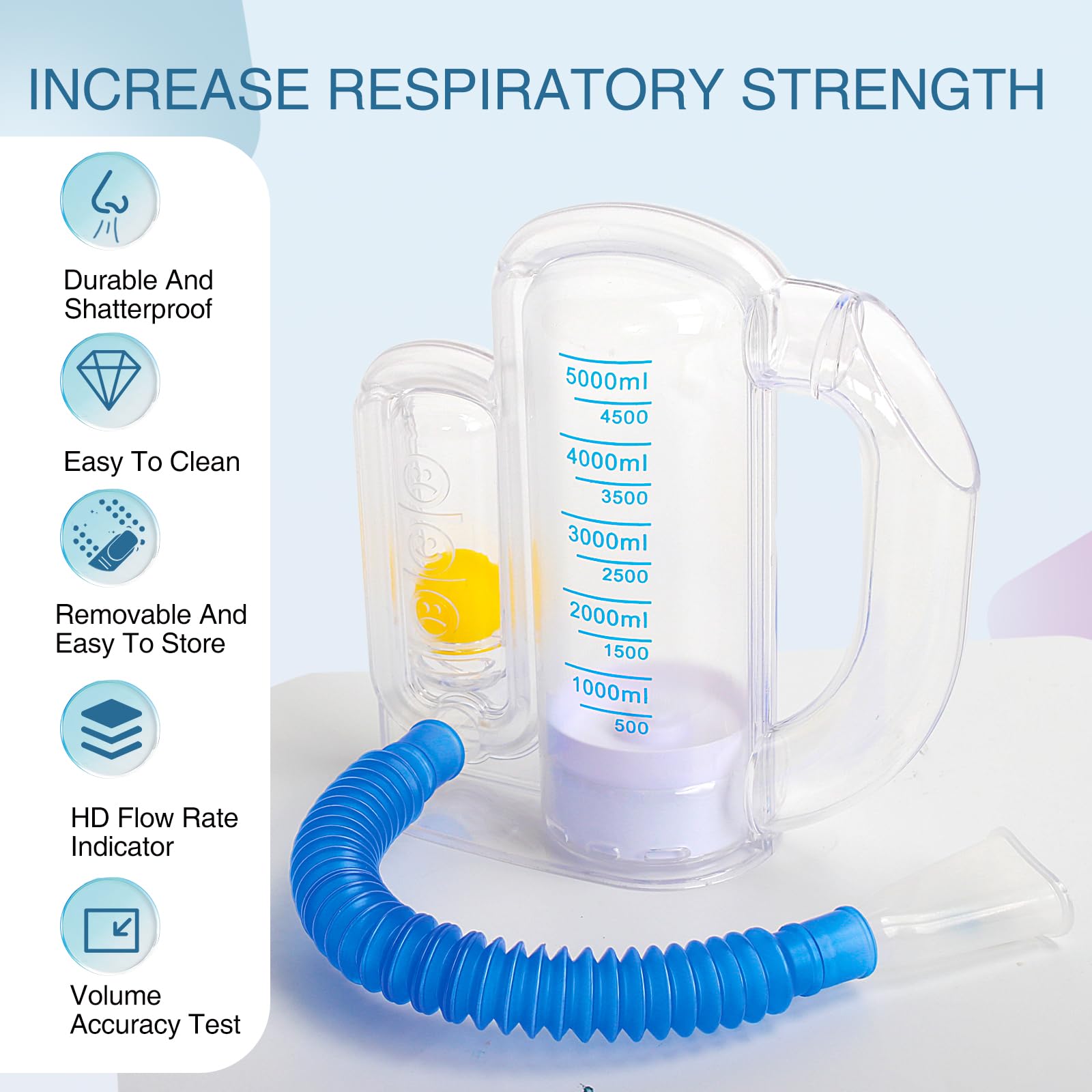 Spiromètre d'incitation pour adultes - Appareil d'exercice respiratoire pour les poumons - Entraîneur de respiration profonde pour enfants et adultes - Capacité de 5000 ml avec indicateur de débit