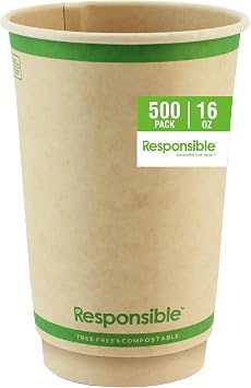 Responsible Products 12 oz Double Wall Insulated Paper Coffee Cups 500 Count Smooth Wall Insulated To Go Coffee Cups - Natural Brown, Compostable, Eco-Friendly, Disposable Hot Beverage Cups