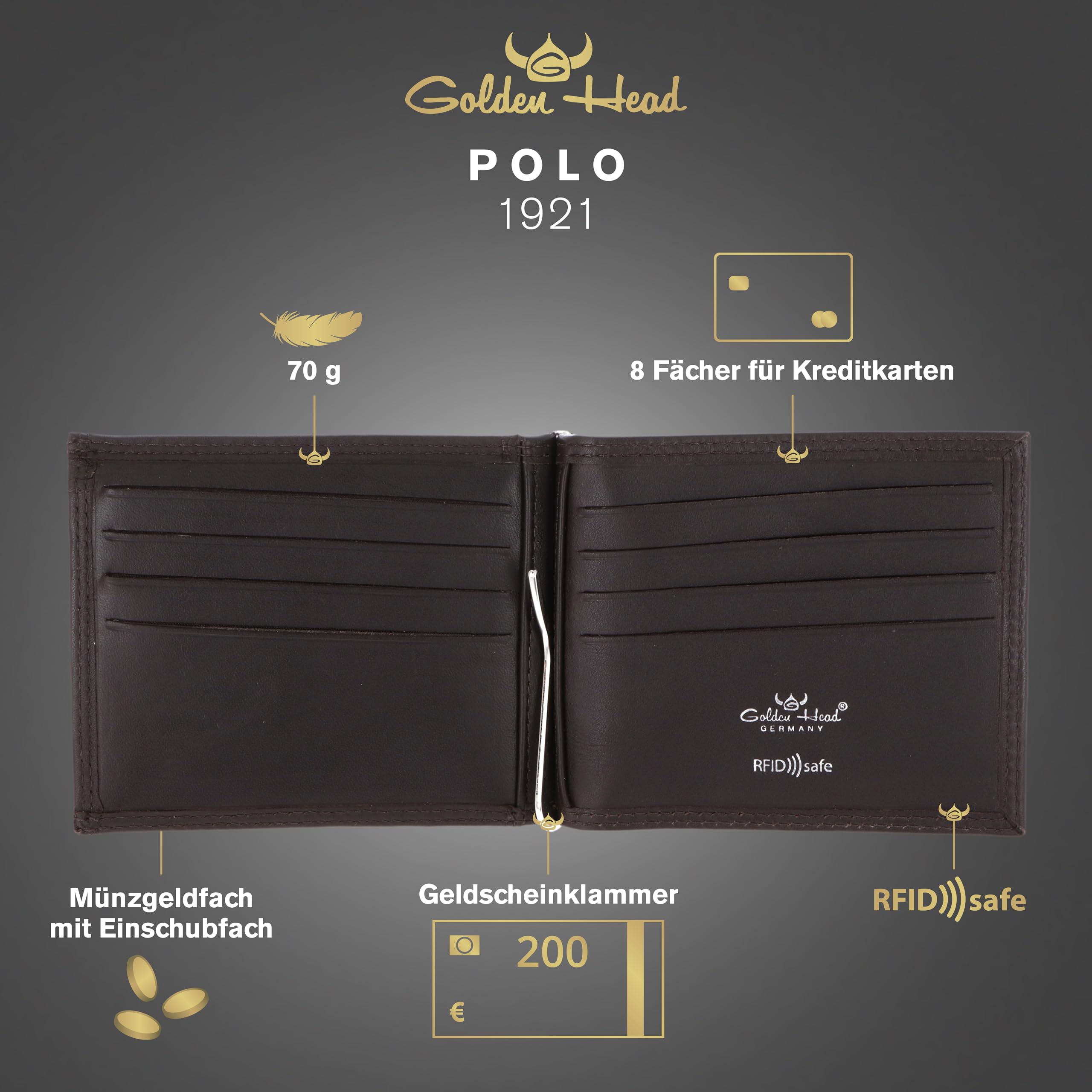 Golden Head Cuir Porte-Monnaie Pince à Billets Polo RFID Protect Clip-Scheintasche 1921 Dunkelbraun Marron foncé
