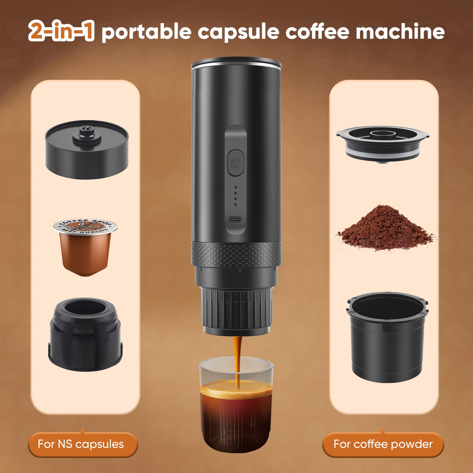 3 En 1 Tragbare Kaffeemaschine Kapseln, Mini Espressomaschine Klein mit 20BAR Pumpdruck, Reise Kaffeemaschine Klein mit Akku, Camping Geschenke für Home, Auto & Outdoor