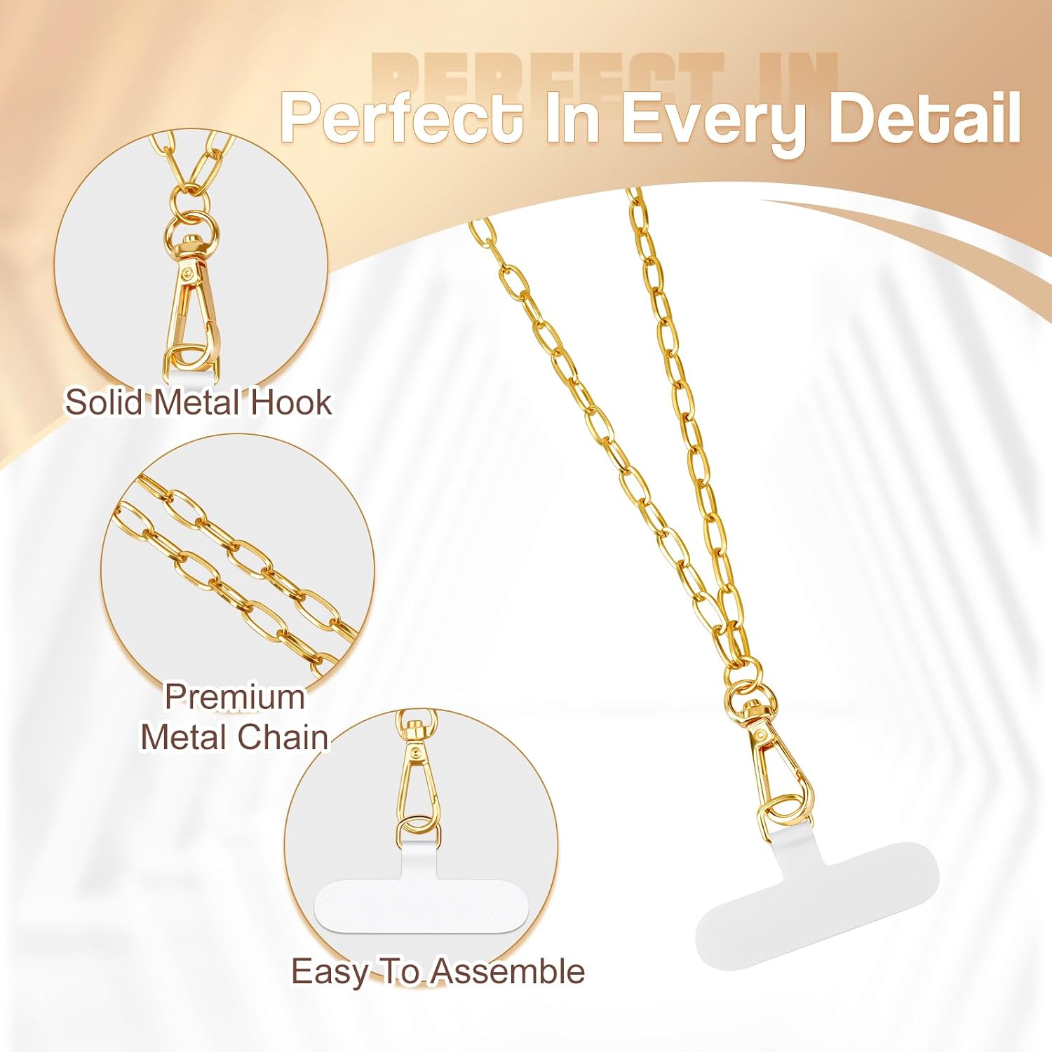 TiMOVO Phone Chain Crossbody, Universal Phone Lanyard with 1× Metal Phone Strap, 1× Wrist Strap, 2× Pads, Crossbody Chain Compatible with Most Smartphones, Gold