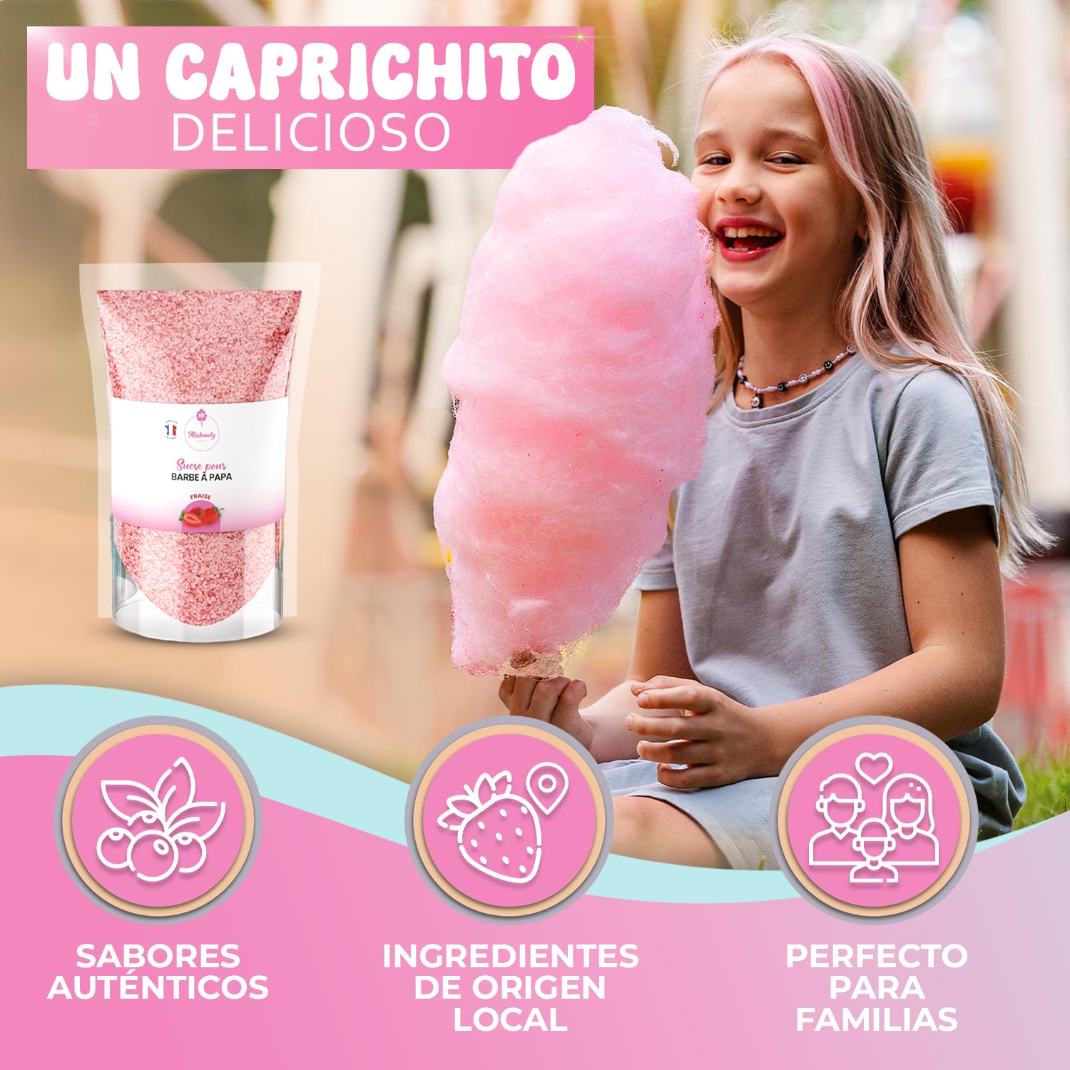 Misskandy® algodón de azúcar para máquina- Pack de 4 * 160Gr - (Sabores Naturales): Sabores: Fresa/Manzana/Cola/Limón + 50 palitos (gratis)