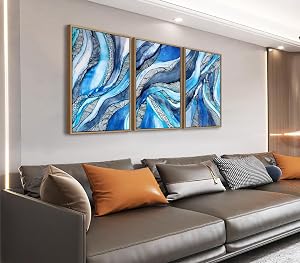 NINEASO Blue Abstract Framed Wall Art - Marble Texture Canvas Pictures with Brown Natural Wood Frame, Modern Geometric Navy Painting Print for Living Room Bedroom Office Wall Decor, 60 x 40cm * 3