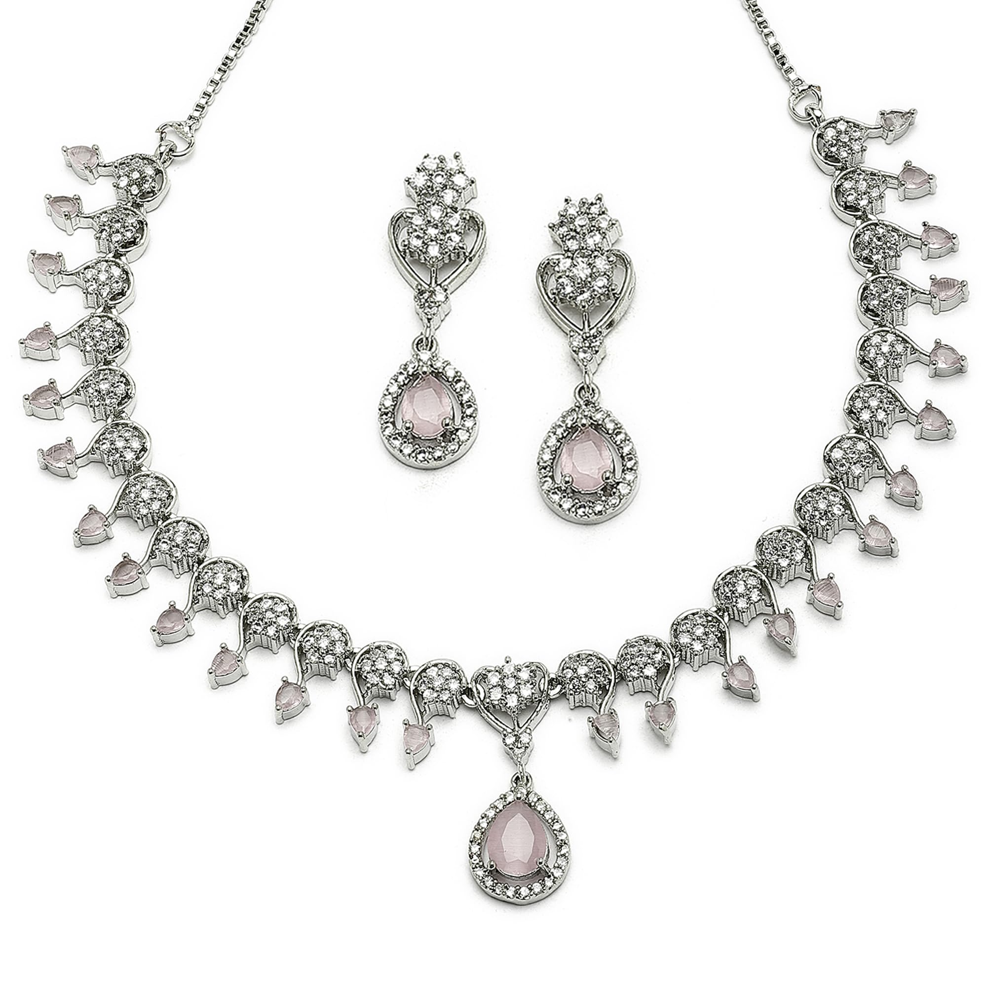 ZENEMERhodium-Plated American Diamond Studded Floral & Teardrop Shaped Necklace With Earrings Jewellery Set For Girls and Women