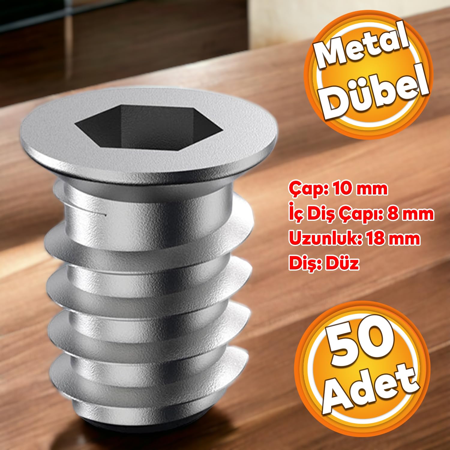 Badem10 Metal Düz Dişli Dübel Ahşap Dübeli M8 10x18 Diş Çinko Mobilya Bağlantı Ünite Birleştirme (50 ADET)