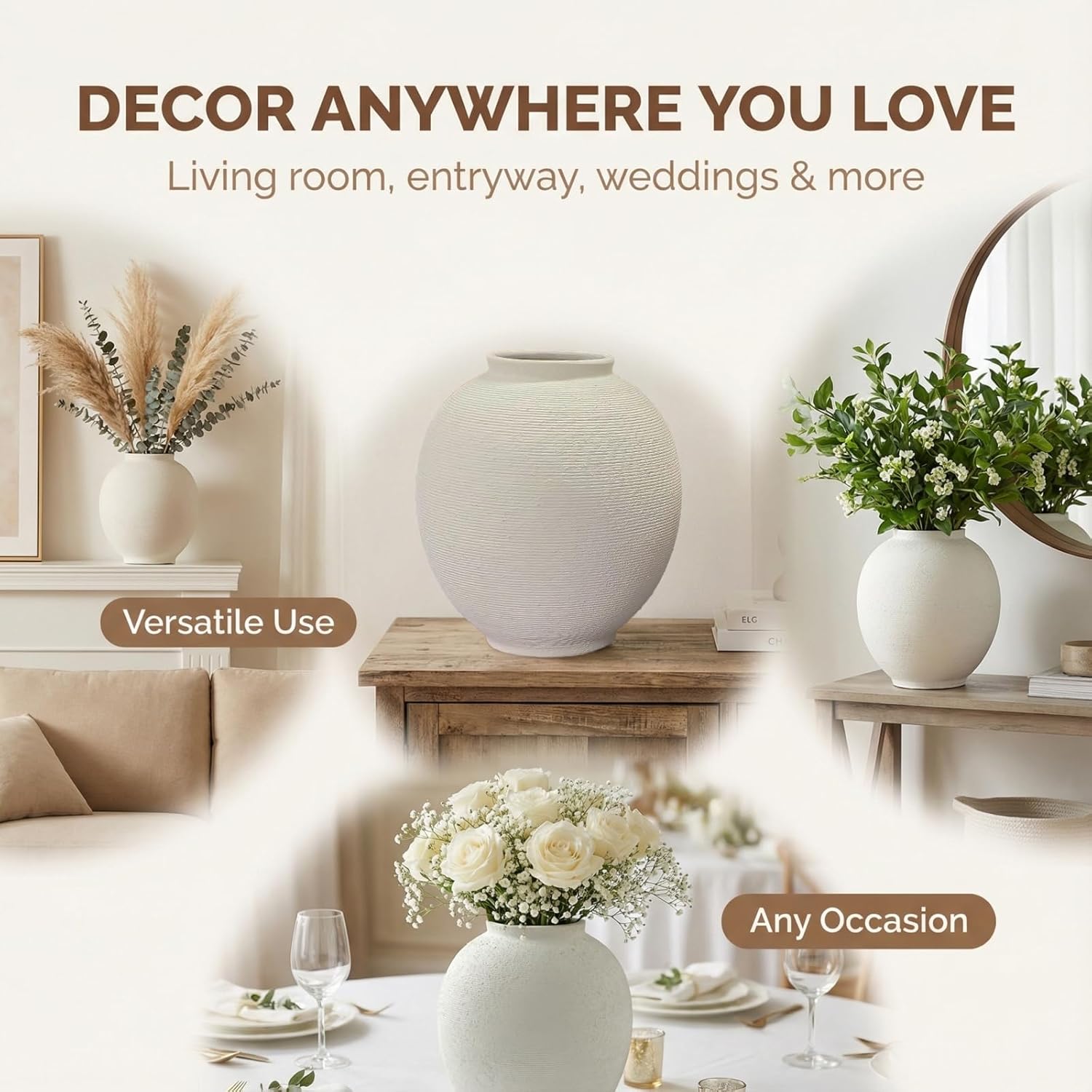White & Round Ceramic Vase Home Decor, Large Farmhouse Table Vases Rustic Living Room Entrway Kitchen Bedroom Decorations, Minimalist Hand-Made Textured Vase (9.8”H Sandstone White) - Image 6