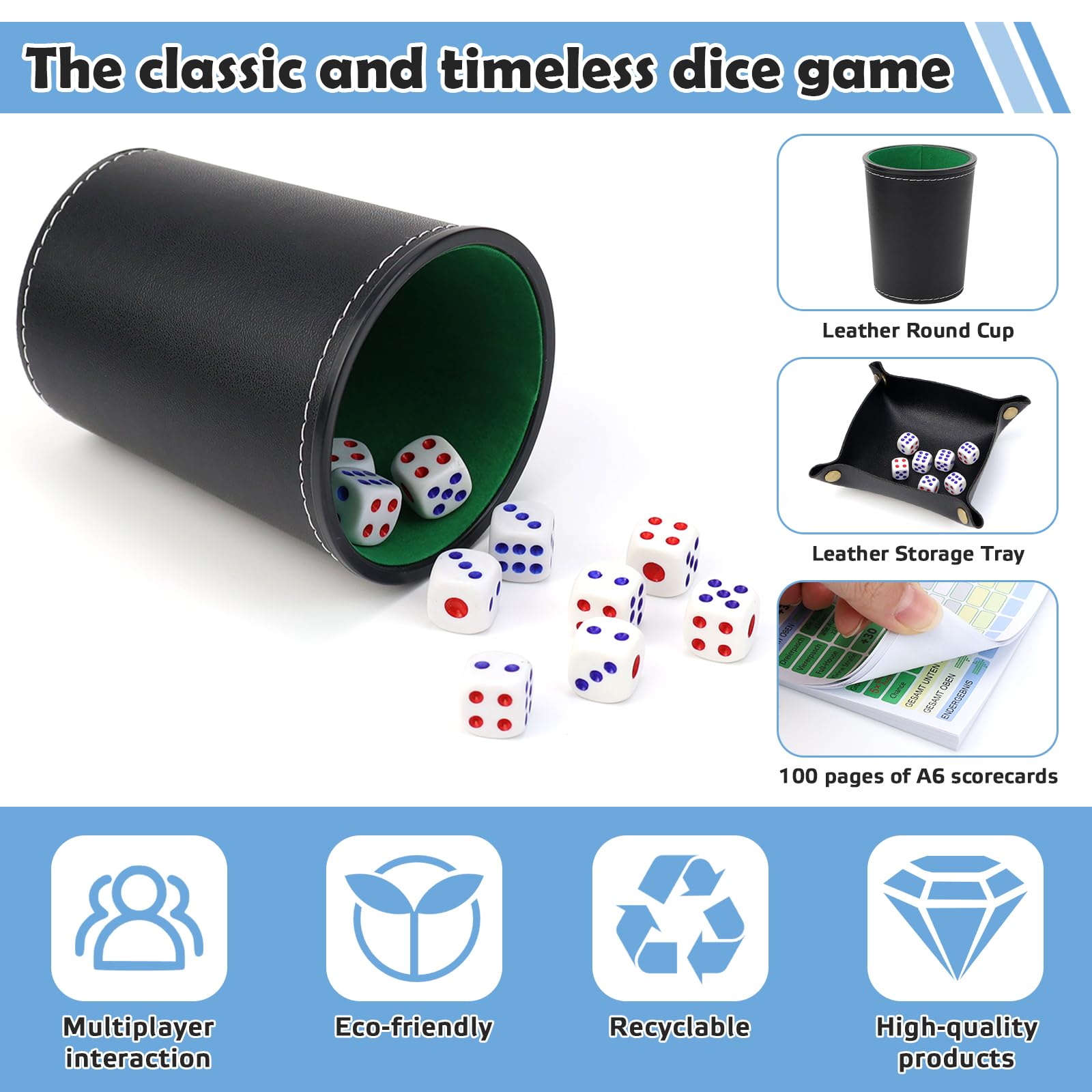 Set di bicchieri in pelle con 10 cubetti, blocco a mano, DIN A6, in pelle, con cubo e taglieri per Yahtzee Liar's Dice Sic BO
