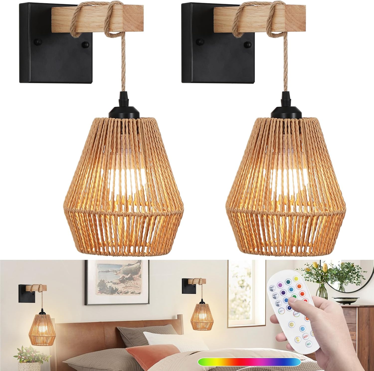 Battery Operated Wall Sconces Set of 2,Rattan wall sconce with Remote Control,Rechargeable Boho Wall Light Dimmable,Farmhouse Wireless Wall lamps for Bedroom decor,Kitchen,living room,Entryway