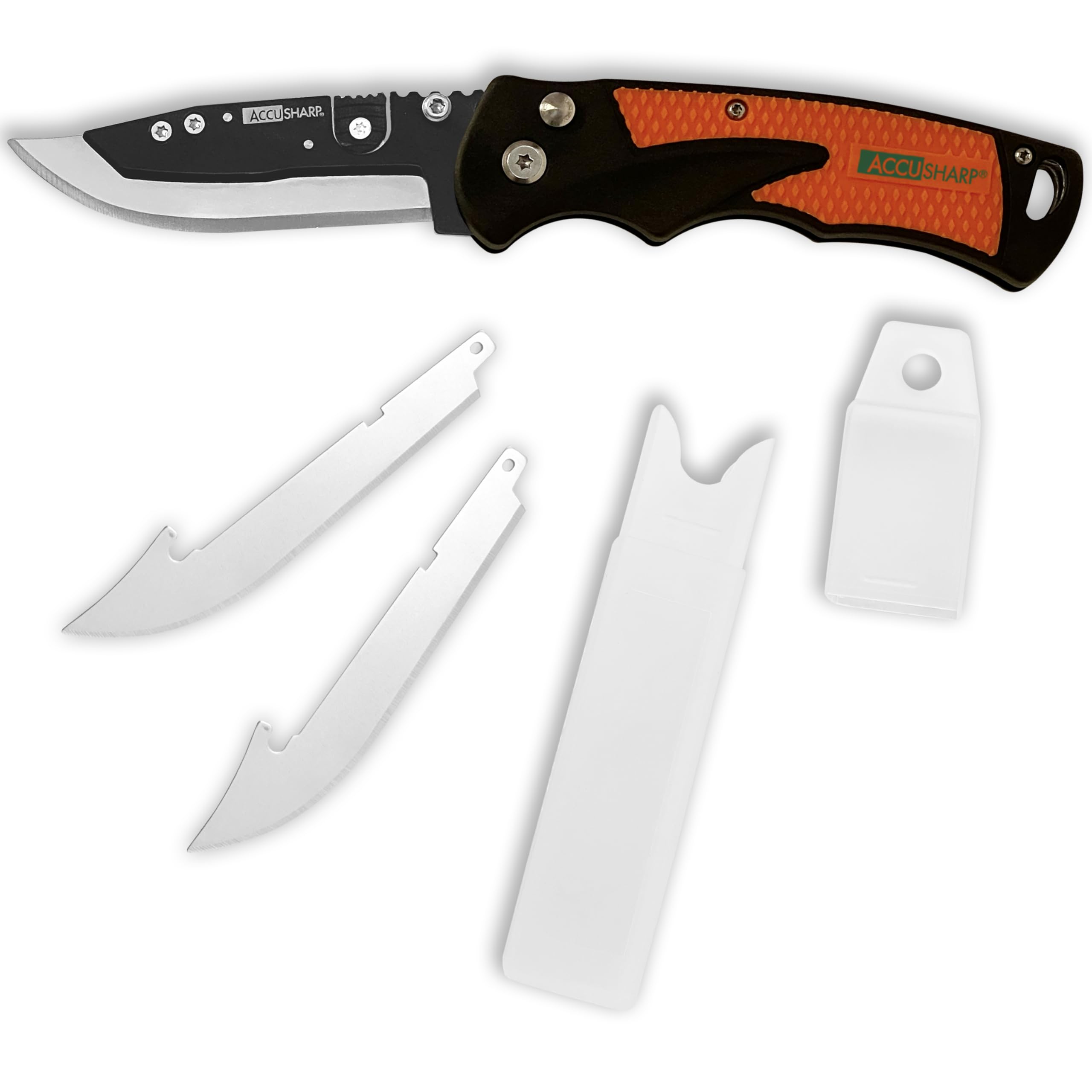ACCUSHARP 3” Replaceable Blade Razor Knife, Stainless Steel Folding Pocket Knife with 2 Replaceable Blades, Belt Clip & Non-Slip, Ergonomic Handle, Orange