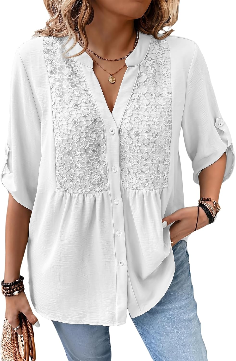 Verdusa Women's Boho Plus Size Button Down Blouse Floral 3/4 Sleeve Shirts Babydoll Peplum Tunic Tops