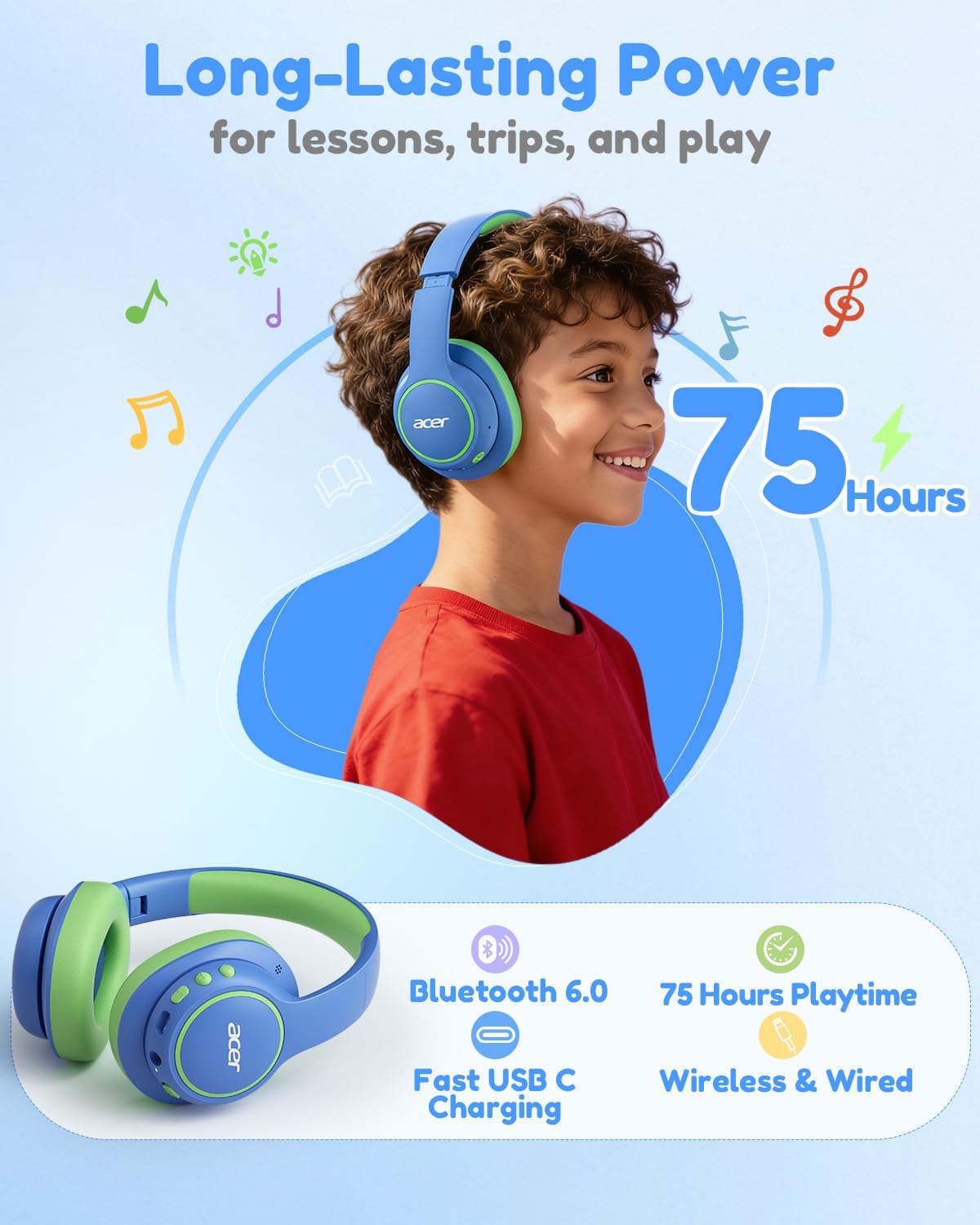 acer Kids Bluetooth Headphones, Over Ear Headphone for Kids with Mic, 75H Playtime, 85dBA Safe Volume, Bluetooth 6.0, USB C Fast Charging, Toddler Headphones for iPad/Tablet/Travel/School-Blue Green