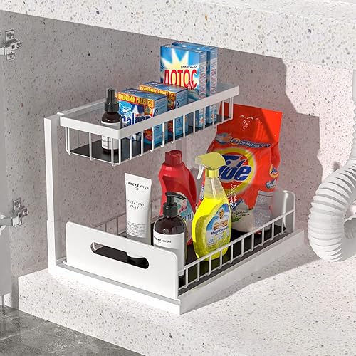 Organizador para debajo del fregadero, organizador de gabinete extraíble, organizador de metal de 2 niveles en forma de L con estante de cajón de