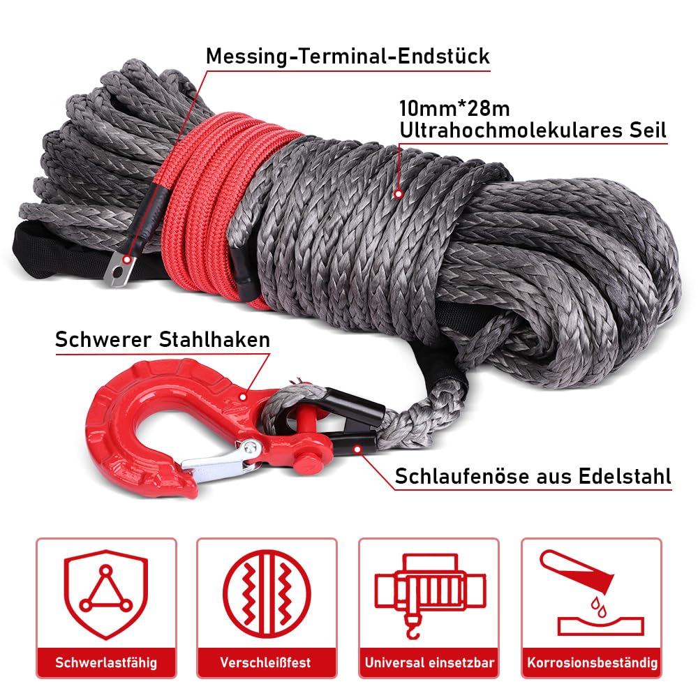 Seil-Winde 12-Strand 20500 LBS mit Schutzhüllenhaken f. LKW ATV UTV | 10mm x 28m Synthetik-Kunststoff-Seil UHMWPE Synthetikseil Windenseil Forstseil 9299KG Anhängerseil Fahrzeugwinde