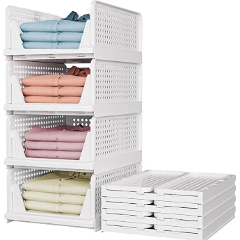 Pack of 4 Stackable Wardrobe Organisers Foldable Drawers Storage Box Plastic Cupboard Storage Boxes Multifunctional Cupboard Organiser Basket for Bedroom Bathroom Kitchen Storage Office White
