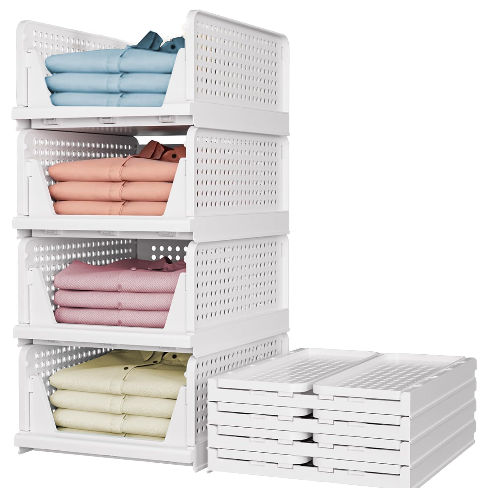 4 Piezas Organizador Armario Apilable, Cajas Almacenamiento Plastico Plegable, Cesta Cajoneras Almacenaje Interior, Organizadores Cajones Ahorra Espacio para Ropa, Cocina, Dormitorio, Baño (Blanco)