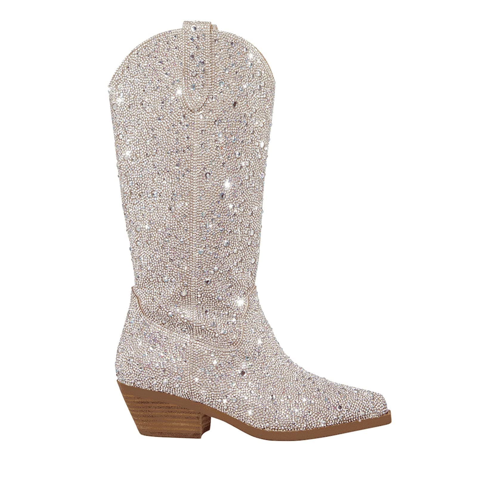 Atuelang Womens Rhinestone Cowboy Boots Sparkly Knee High Boots Fashion Pointed Toe Block Heel Mid Calf Cowgirl Short