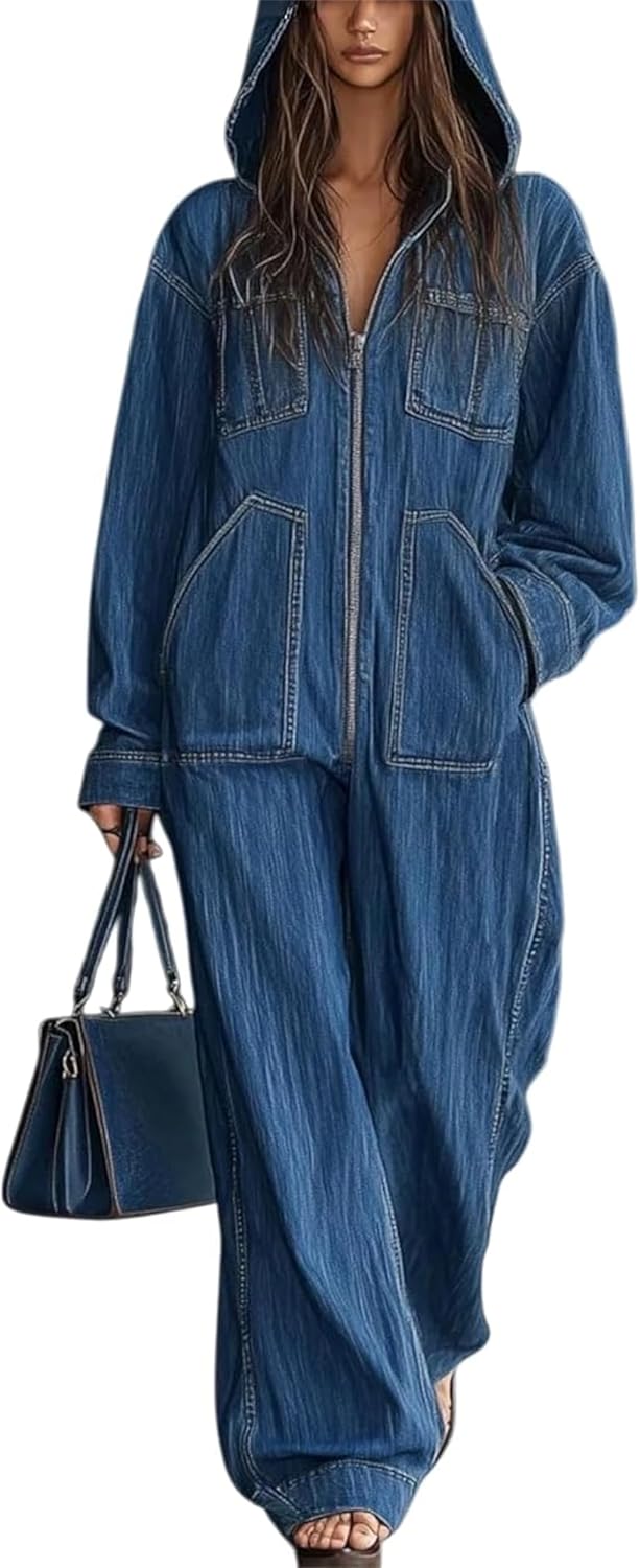 2026 Women's Hooded Denim Jumpsuit Long Sleeve Hooded Zip Up One-Piece Casual Loose Fit Jean Romper With Pockets For