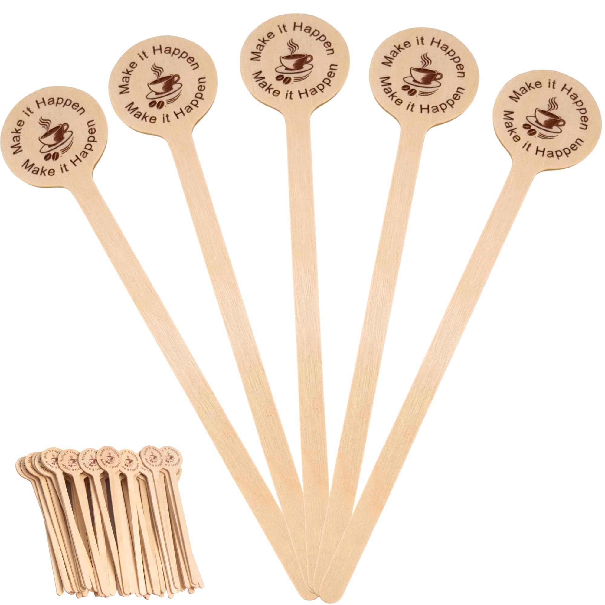 Coffee Stir Sticks 100 Pack, Birch Wooden Coffee Stirrers 5.9" Bulk – Eco-Friendly Disposable Stir Sticks for Coffee, Tea, Espresso, Bar, Restaurant, Office – Make It Happen Engraved