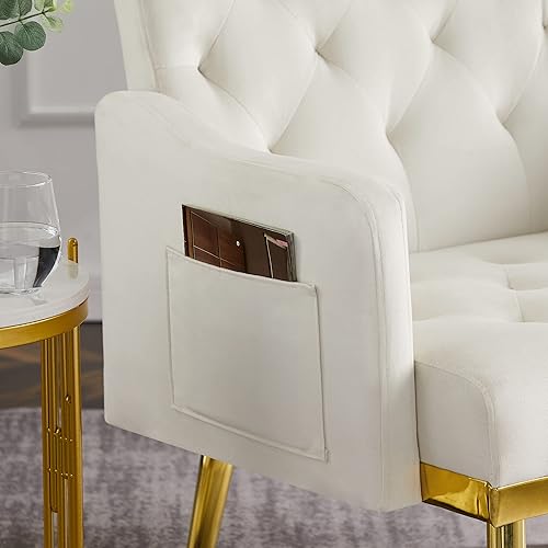 Miniatura 4 de Sillón decorativo de terciopelo con patas de metal dorado, moderna silla tapizada para sala de estar (blanco hueso)