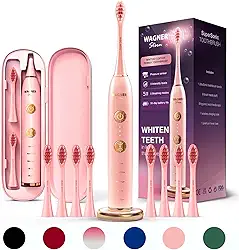 Wagner Stern WHITEN+ Edition. Escova de dentes elétrica branqueadora com sensor de pressão. Oferece 5 modos de escovação, 3 intensidades, 8 cabeças de escova macias e um estojo de viagem de luxo.