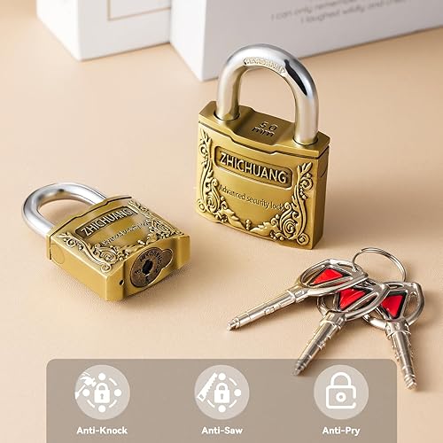 Miniatura 4 de Candado de cobre de estilo antiguo con 3 llaves, cerradura de seguridad resistente de 1.575 pulgadas, diseño vintage, duradero y resistente a la