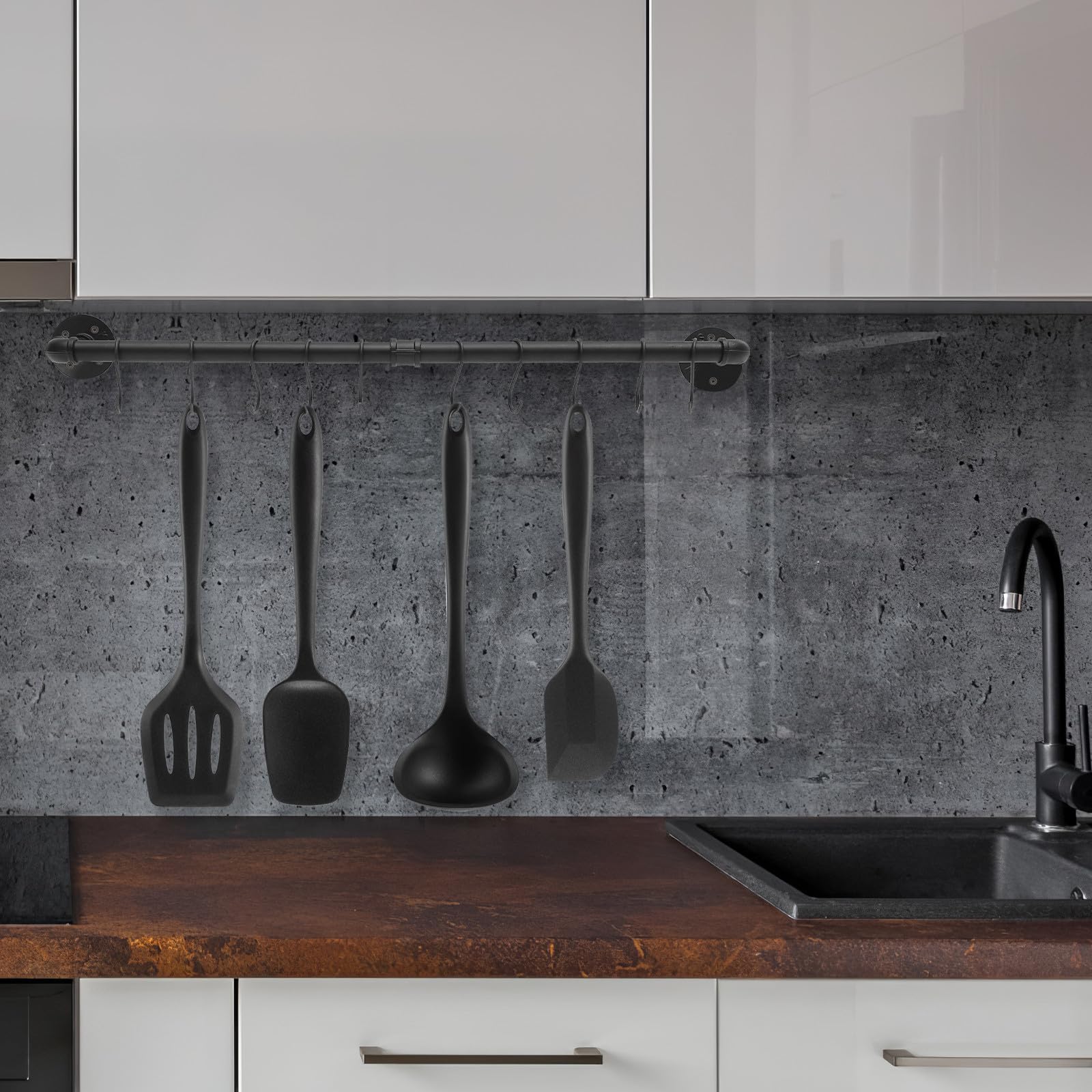 Luxshiny Support à Casseroles et Poêles Mural en Fer Noir avec Crochets Robustes, Design Industriel Unique Cuisine à Domicile, Rack Suspendu Pratique et Solide