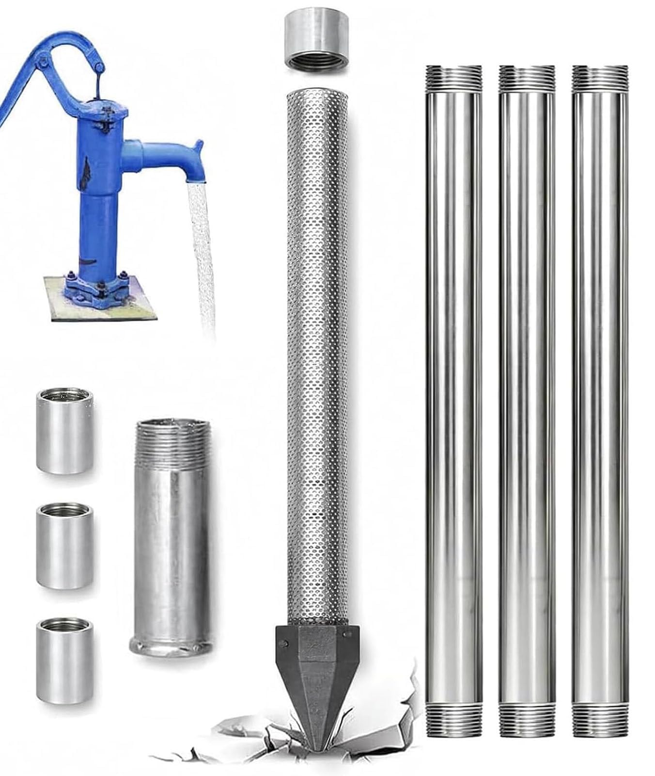 Zestaw do wiercenia studni, iglica ze stali nierdzewnej 1-1/4", iglica piaskowa 36", wytrzymałe ocynkowane rury i złączki do studni z igłą piaskową 4MKit