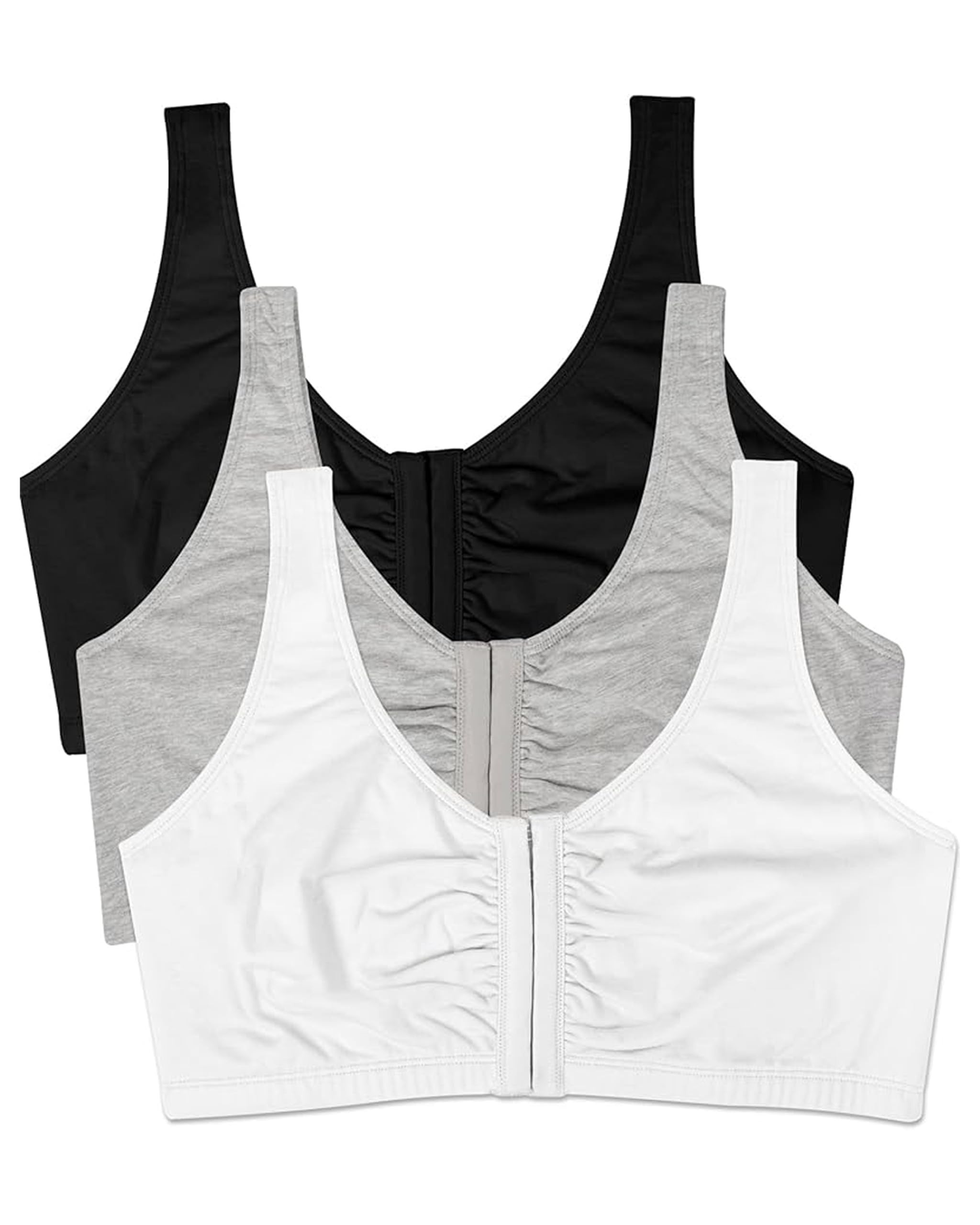 Fruit Of The Loom Womens Front Closure Cotton Sports Bra Black/White/Heather Grey 3-Pack 36 Us