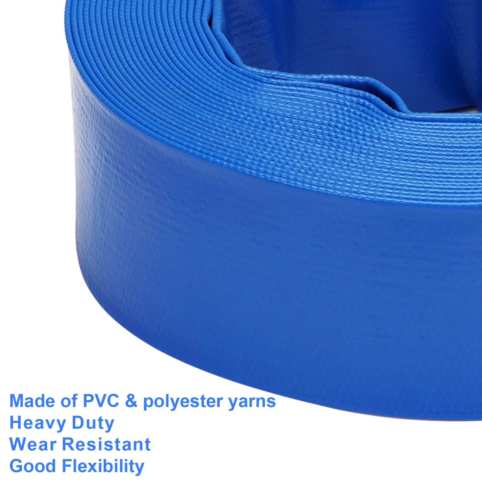 Lay-Flat - Manguera de descarga de PVC reforzada de 2 pulgadas x 50 pies, manguera de drenaje de piscina de vinilo resistente a la intemperie para transferencia de agua con 2 abrazaderas