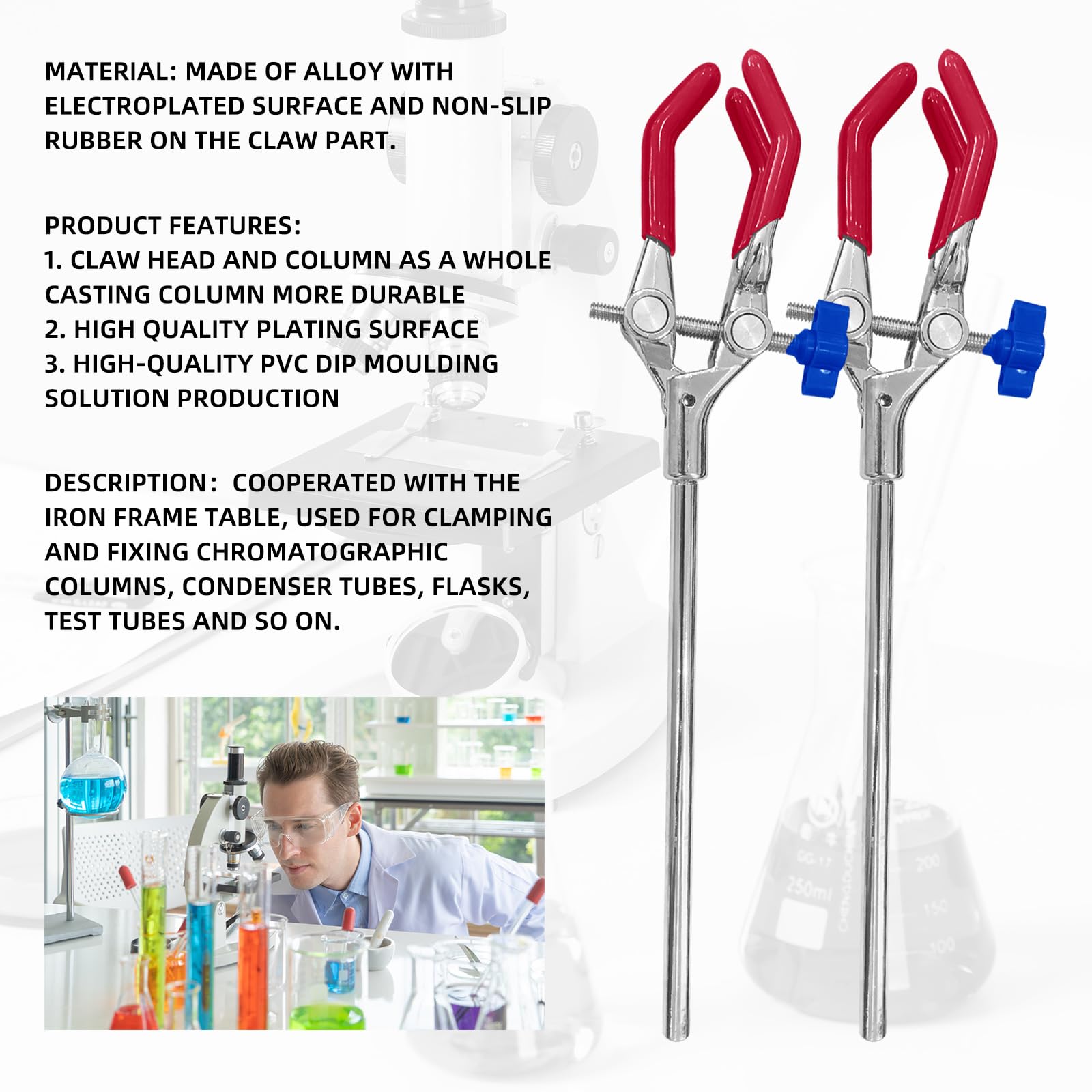 2 abrazaderas de laboratorio de 3 puntas con soporte de abrazadera de laboratorio y abrazadera de tubo de ensayo para soporte de anillo de química, abrazadera de matraz de vaso de precipitados,