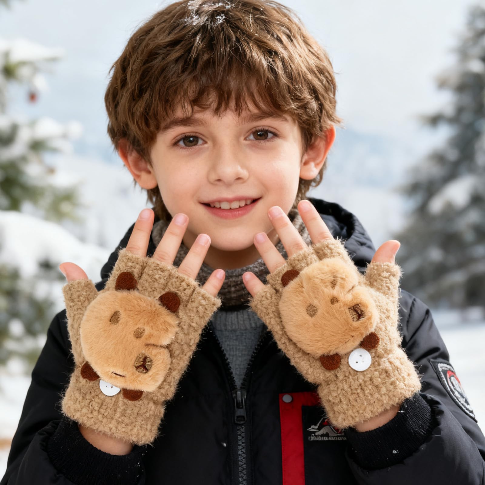 Guantes Sin Dedos para Niños Capibara, Guantes Térmicos Invierno Flip Top, Manoplas Niño 7-13 Años