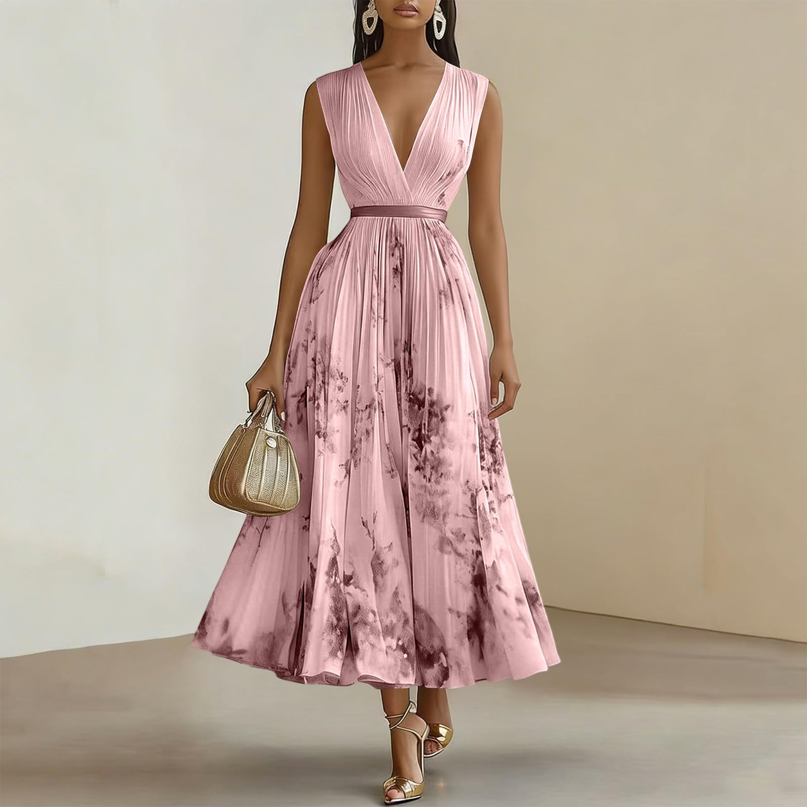 Plisseekleid Damen Lang Blumen Maxikleid Hochzeitsgast Damenkleider Elegant Faltenkleid Sommer Cocktailkleid Tailliert Abendkleid Festlich Kleid V Ausschnitt Blumenkleid Ärmellos