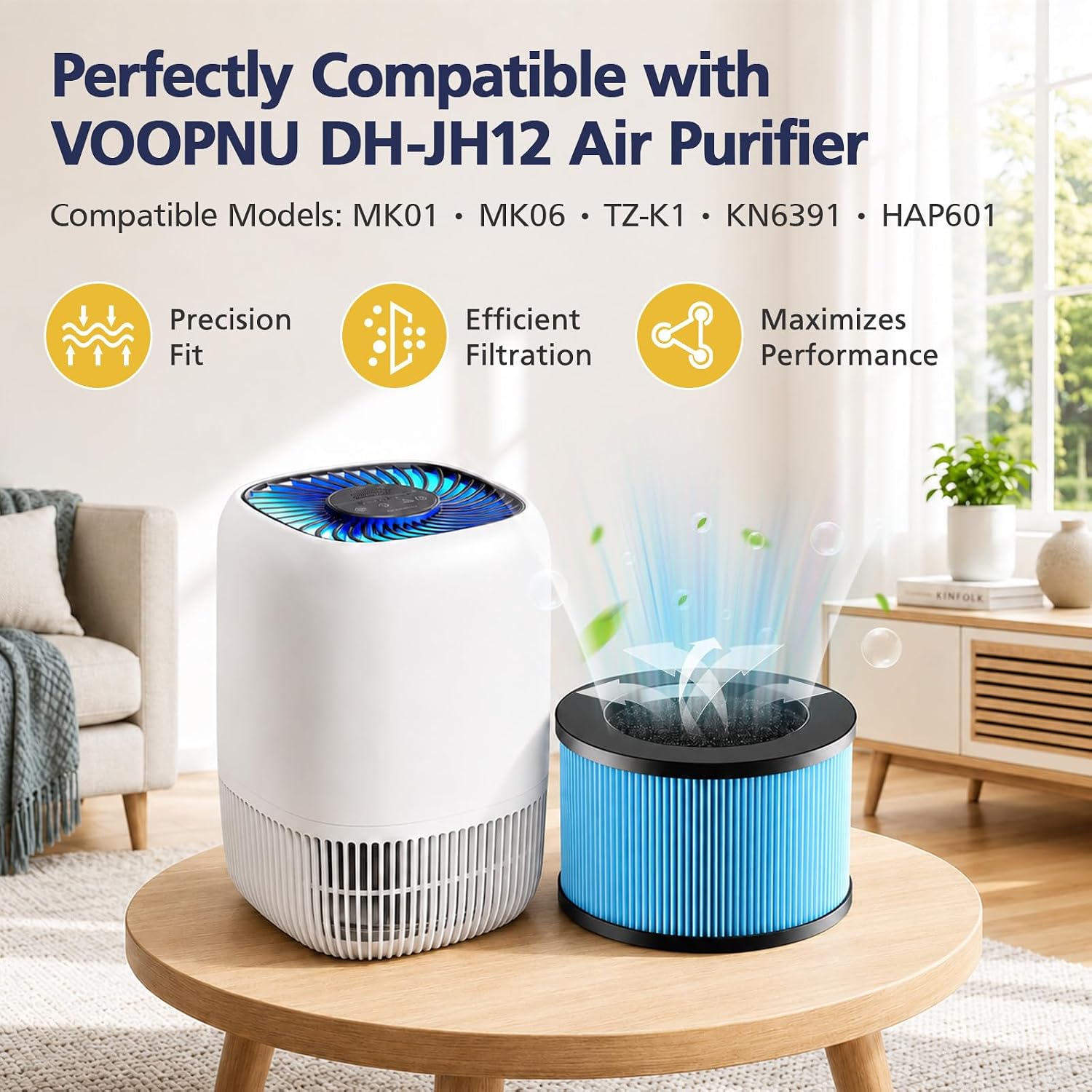 MK01 MK06 DH-JH12 HEPA Filter Replacement for VOOPNU DH-JH12, ToLife TZ-K1 | For FreAire KN6391, Kloudi DH-JH01, MK01 MK06 Air Purifier, Activated Carbon Air Purifier Filter for Smoke, Dust, 3 Pack