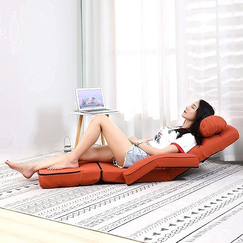 Miniatura 9 de FLOGUOR Silla de suelo, tumbona para interiores, sofá perezoso plegable ajustable de 42 posiciones con reposabrazos y una almohada, sillas