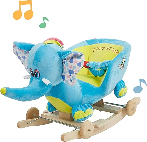 LUCKYERMORE Elefante de caballo mecedora con música divertidacinturón de seguridadruedas, silla mecedora de animales con cinturón de seguridad y