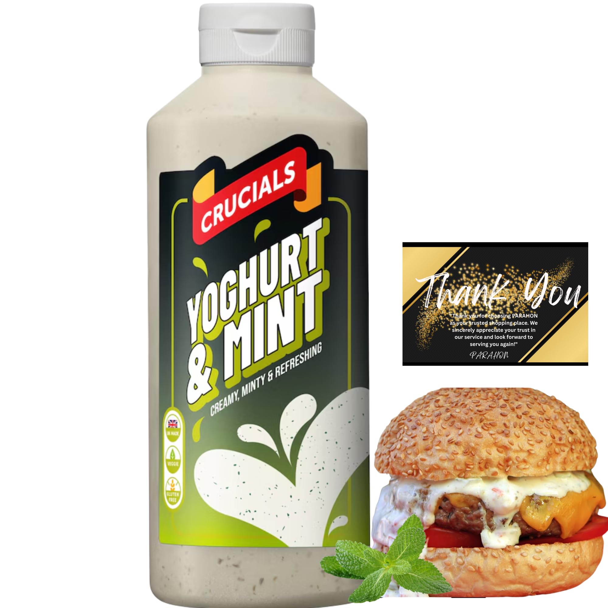 Crucials Sauce - Thank You Card by Parahon – Cool, Creamy Sauce for BBQ, Burgers, Grilled Meat, Wraps, Salads & Sandwiches – Refreshing Flavour Condiment (1 x 500ml, Yoghurt & Mint)